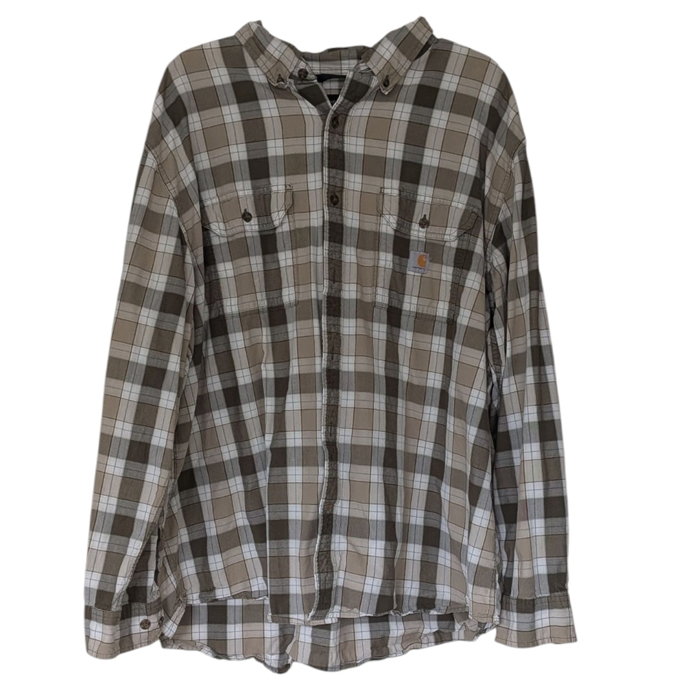 Carhartt Men's Plaid Button Down Size 2XL Brown Grey And White Loose Fit